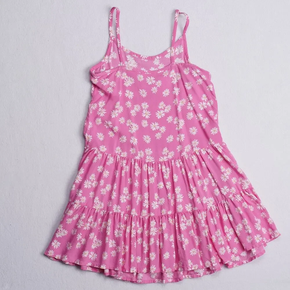 Jumping Beans Girls Sundress Pink White Daisy Print Tiered Rayon Size 7